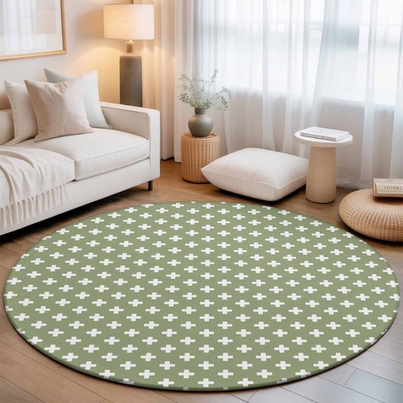 Sage Green Checkered 7' Round Rugs for Living Room Conversation Area, Country Abstract Geometric Diagonal Plaid Washable Non Slip Large Circle Area Rug Under Dining Table