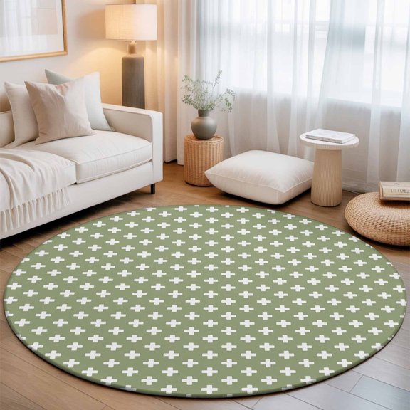 Sage Green Checkered 8' Round Rugs for Open Concept Living Room Seating Zone, Country Abstract Geometric Diagonal Plaid Washable Non Slip Mats Large Circle Lounge Area Area Rug