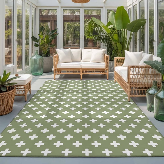 Sage Green Checkered 9'x12' Area Rugs for Living Room Sectional Sofa, Country Abstract Geometric Diagonal Plaid Washable Sturdy Non Slip Soft Sturdy Rectangle Home Area Rug