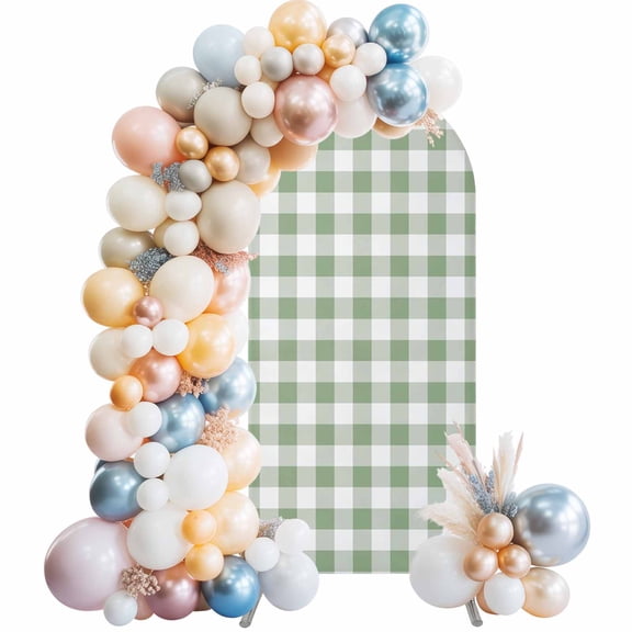 Sage Green Checkered Arch Backdrop Cover, Spandex Fitted Wedding Arch Cover, Farmhouse Buffalo Plaid Round Top Stand Covers for Birthday Ceremony Bridal Shower Party Decor 5x2.1 Ft
