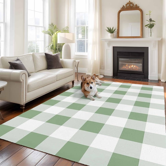 Sage Green Checkered Area Rug 5x8 FT, Non Slip Bedroom Throw Carpet, Green White Buffalo Plaid Washable Soft Floor Carpet Non-Shedding Rug for Living Room Nursery Dorm Office
