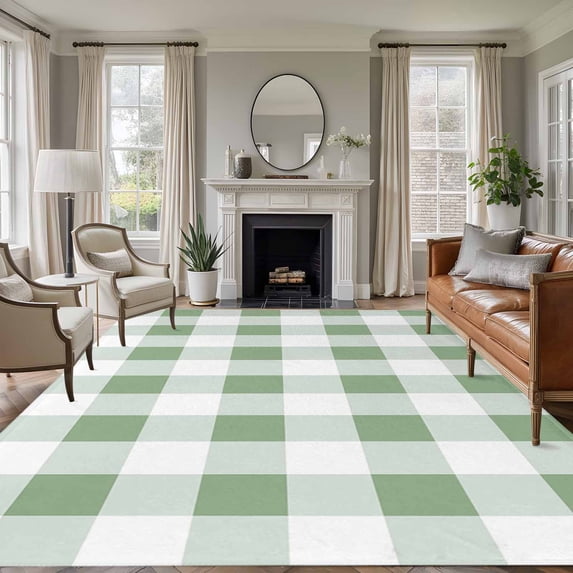 Sage Green Checkered Area Rug 6x9 FT, Non Slip Living Room Throw Carpet, Green White Buffalo Plaid Washable Soft Large Floor Carpet Non-Shedding Rug for Bedroom Dining Room Play Room