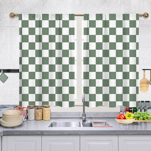 Sage Green Checkered Kitchen Curtains, Rustic Farmhouse Kitchen Curtain, Checkerboard Vintage Small Kitchen Curtains Sets for Bathroom Cafe Window Treatment Drapes 2 Panels (Each 27.5x39 Inch)