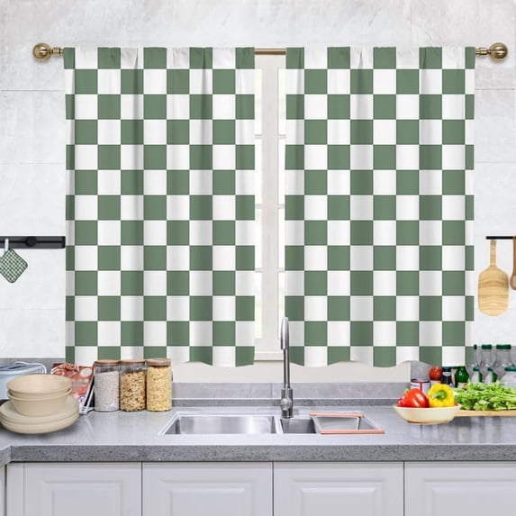 Sage Green Checkered Kitchen Curtains, Rustic Farmhouse Kitchen Curtain, Checkerboard Vintage Small Kitchen Curtains Sets for Bathroom Cafe Window Treatment Drapes 2 Panels (Each 27.5x39 Inch)