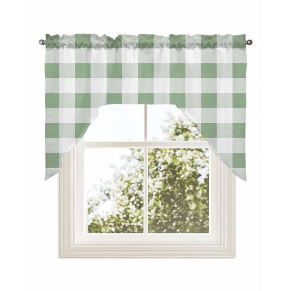 Sage Green Checkered Kitchen Swag Valance for Window, Rod Pocket Short Kitchen Curtains&nbsp;36 Inch Length, Green White Buffalo Plaid Swag Topper Small Window Treatment for Cafe Bathroom Bedroom