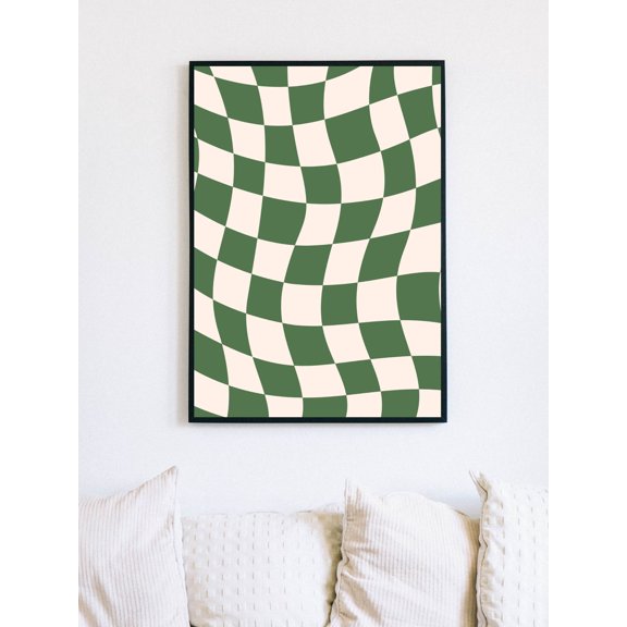 Sage Green Checkered Retro Groovy Decor Wall Art