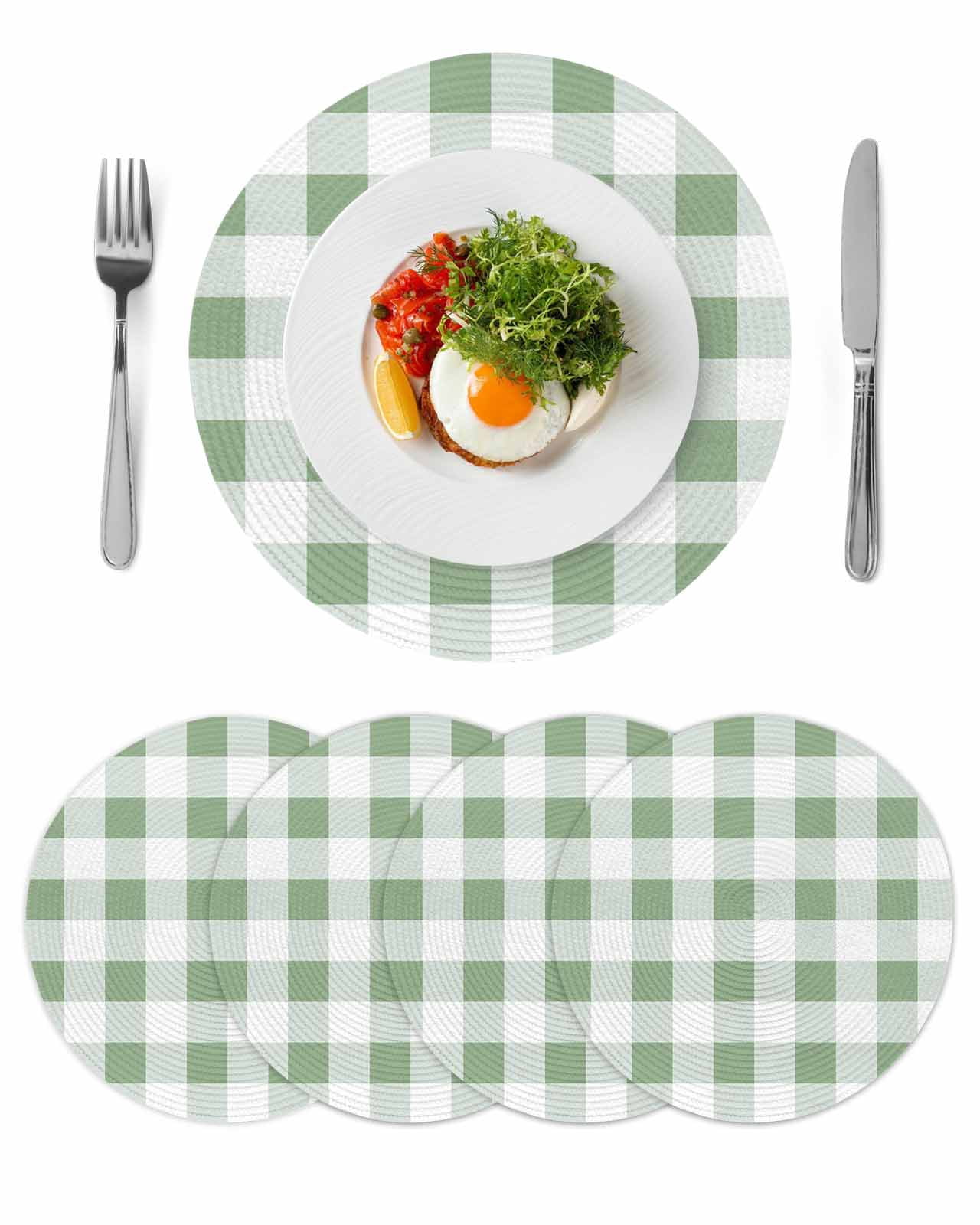 Sage Green Checkered Round 13 Inch Placemats Set of 4, Green White ...
