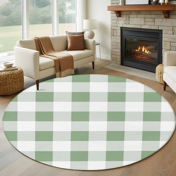 Sage Green Checkered Round Area Rug 7 FT, Non Slip Living Room Area Carpet, Green White Buffalo Plaid Washable Soft Circular Rug Non-Shedding Floor Carpet for Bedside Office Play Room Classroom