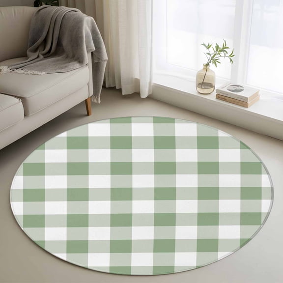 Sage Green Checkered Round Rug 3Ft, Non Slip Circle Area Rug for Bedroom, Farmhouse Buffalo Plaid Washable Low Pile Indoor Floor Carpet Door Mat for Bathroom Kitchen Entryway Nursery