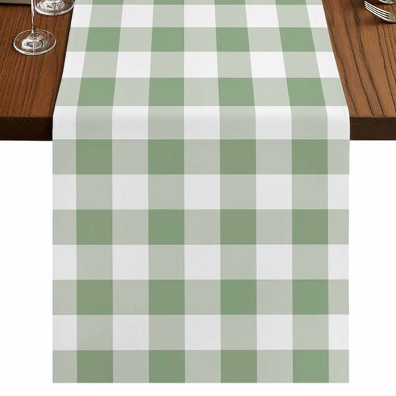 Sage Green Checkered Short Table Runner 48 Inches Long, Farmhouse Buffalo Plaid Cotton Linen Table Runners Dresser Scarves, Fabric Tabletop Scarf Furniture Cover for Home Dinner Party Decor 13"x48"
