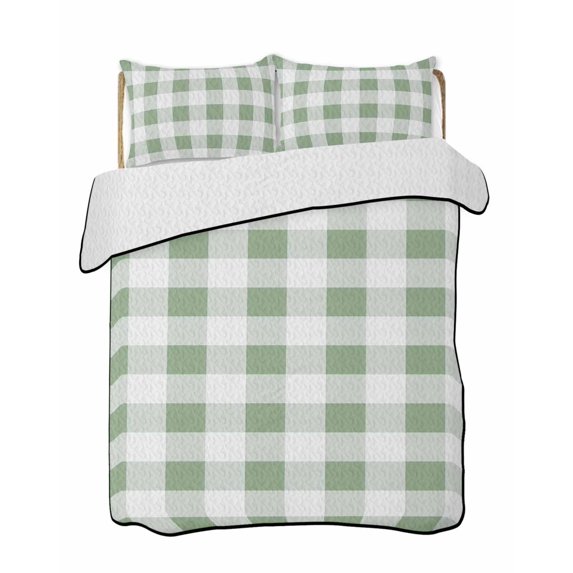Sage Green Checkered Summer Quilt Set Twin Size, Soft Microfiber Quilted Bedding Set with 2 Pillow Shams, Green White Buffalo Plaid Lightweight All Season Bedspread Coverlet for Bedroom 68"x86"