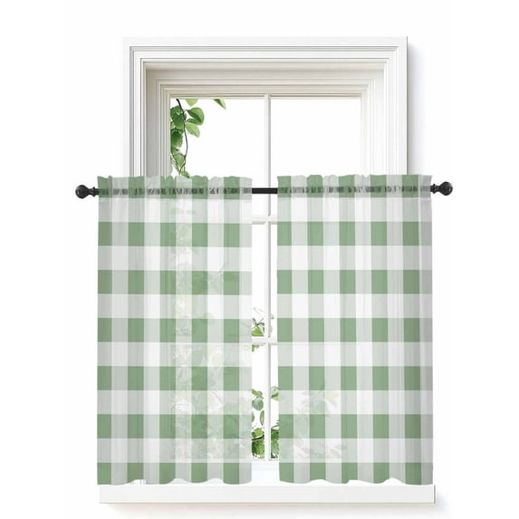 Sage Green Checkered Tier Curtains 45 Inch Length,Sheer Curtains for Bedroom Living Room Window Green White Buffalo Plaid Rod Pocket Drapes Kitchen Curtains Small Half Window 27.5"x45" 2 Panels