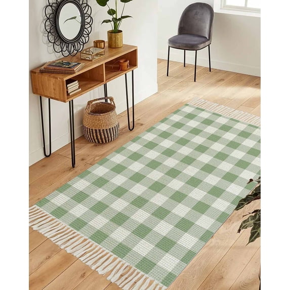 Sage Green Checkered Washable Area Rug 3'x5', Farmhouse Buffalo Plaid Woven Cotton Tassels Kitchen Rugs, Non Slip Indoor Door Mat Throw Carpet for Entryway Living Room Nursery Laundry Room