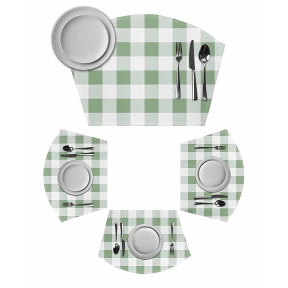 Sage Green Checkered Wedge Shaped Placemats Set of 6, Cotton Linen Fan Place Mats, Green White Buffalo Plaid Washable Table Mats for Holiday Wedding Party Dinning Coffee Tables 11.8"x17.5"