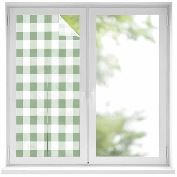 Sage Green Checkered Window Privacy Film, Green White Buffalo Plaid Static Cling UV Sun Blocking Heat Control Window Tint Day and Night, Non-Adhesive One Way Windows Privacy Cover 19.6''x39.3''