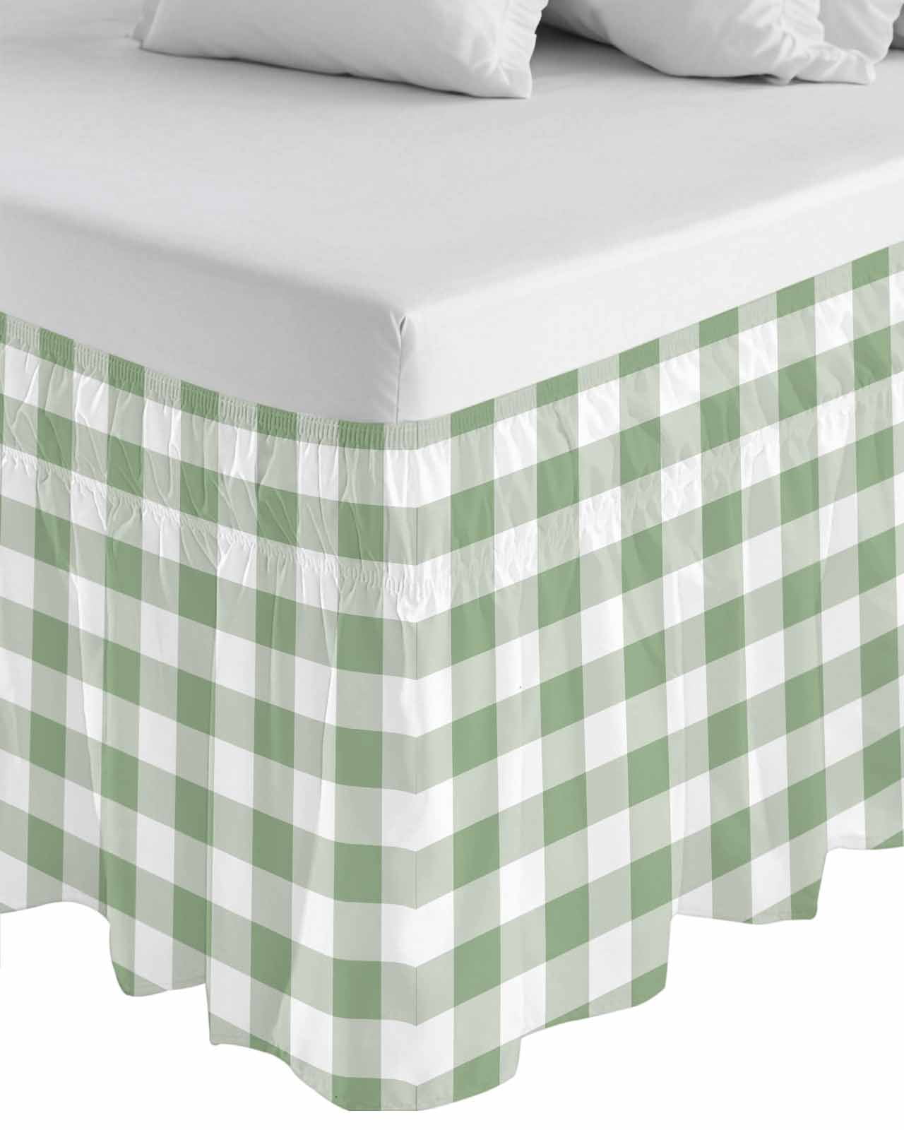 Sage Green Checkered Wrap Around Bed Skirts for King Bed 16" Drop, Bed Skirt with Adjustable Elastic Belt Dust Ruffle Bed Valance for Bedroom Hotel Luxury Farmhouse Buffalo Plaid Bed Frame Cover