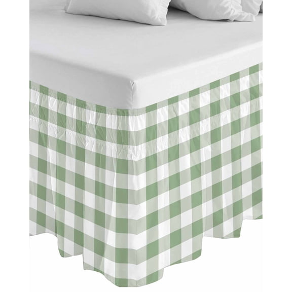 Sage Green Checkered Wrap Around Bed Skirts for King Bed 16" Drop, Bed Skirt with Adjustable Elastic Belt Dust Ruffle Bed Valance for Bedroom Hotel Luxury Farmhouse Buffalo Plaid Bed Frame Cover