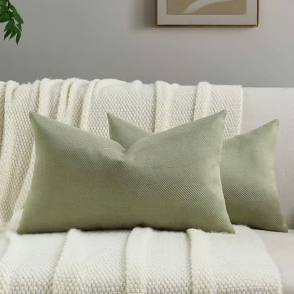 Sage Green Chenille Throw Pillow Covers 12x20 Inch Set of 2,Soft Wide Chevron Textured Lumbar Pillow Cases,Farmhouse Home Decor for Couch Bed Living Room