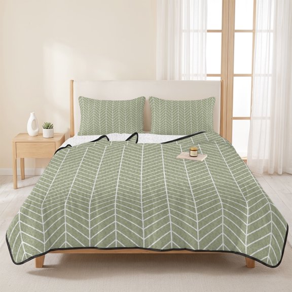 Sage Green Chevron Pattern 3 Pieces Quilt Set,1 Quilt with 2 Shams,Modern Geometric Art Bedspread Soft Lightweight Bedding Coverlet Comforter Set for All Season 96"x106"