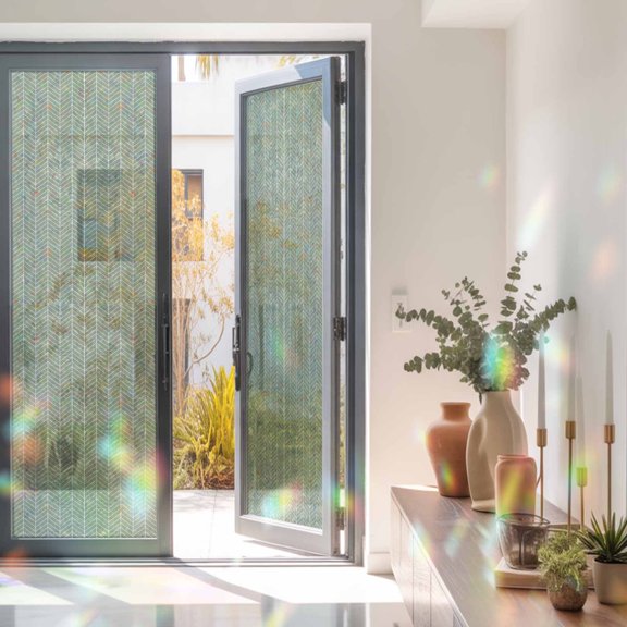Sage Green Chevron Pattern Window Privacy Film, Rainbow Film Decorative Window Sticker 23.6x78.7in, Modern Geometric Art Sun Blocking Static Stained Glass Cling Tint Non-Adhesive