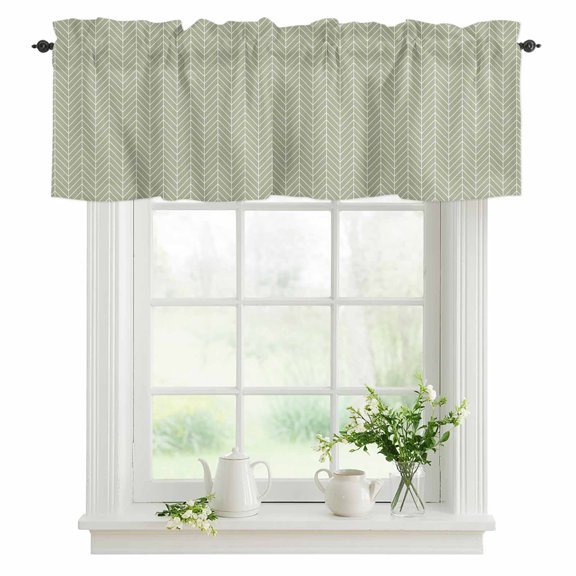 Sage Green Chevron Stripes Valances for Windows, Rod Pocket Kitchen Valance Curtains - Soft & Washable Small Window Treatment for Living Room, Bathroom, Modern Geometric Texture 42x12inch, 1 Panel