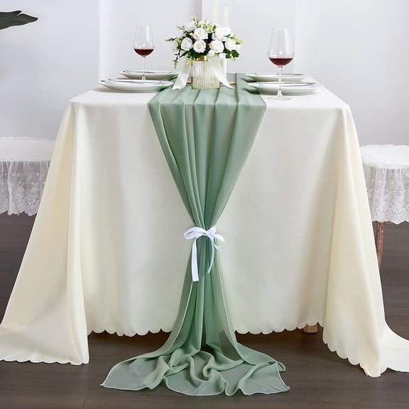 Sage Green Chiffon Table Runner 10Ft Wedding Table Runner 29x120 Inches Sheer Romantic Tulle Table Runner for Wedding Decor Bridal Shower Baby Shower Birthday Party Cake Table Decoration