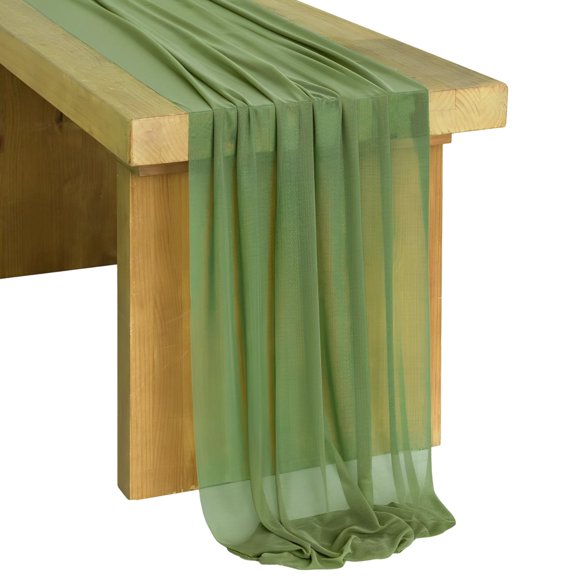Sage Green Chiffon Table Runner, 118 Inch Extra Long Sheer Wedding Party Decor, Wrinkle Resistant Polyester Fabric for Boho Dining & Cafe
