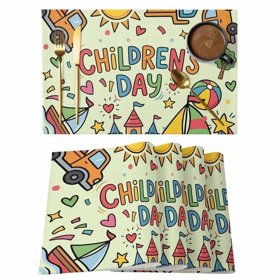 Sage Green Children's Day Placemats Set of 4 Car Tree Stars Modern Abstract Art Cartoon Place Mats Indoor Wipeable Table Mats Washable Dining Table Placemats for Kitchen Holiday Decor 13x19 Inch
