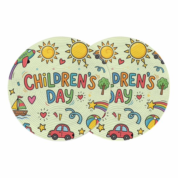 Sage Green Children's Day Round 13 Inch Placemats Set of 2, Car Tree Stars Modern Abstract Art HeatResistant Non Slip Place Mats for Dining Table, Wipeable Braided Kitchen Table Mats for Housewarming