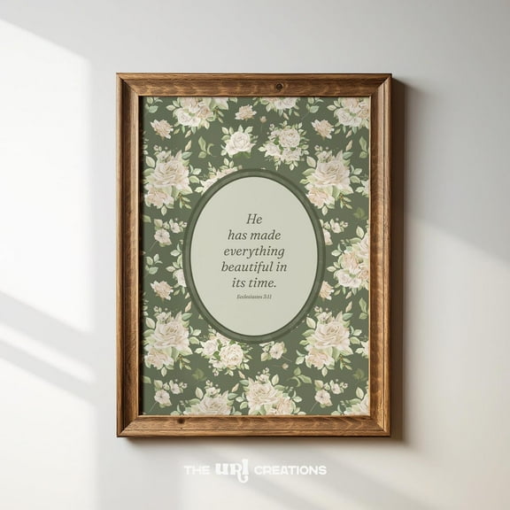 Sage Green Christian Wall Art Bible Verse Poster Vintage Scripture Wall Art Home Decor Gift Floral Pattern Print Ecclesiastes 3:11 Wall Art, Modern Wall Decor, 24x36 UNFRAMED