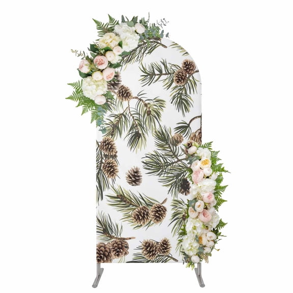 Sage Green Christmas Arch Backdrop Cover, Spandex Fitted Wedding Arch Cover, Pine Cones Xmas Botanical Round Top Stand Covers for Birthday Ceremony Bridal Shower Party Decor 4x1.65 Ft