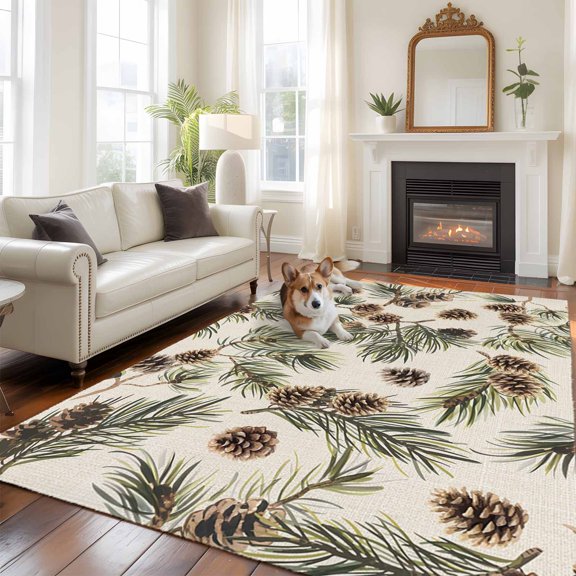 Sage Green Christmas Area Rug 5x8 FT, Non Slip Bedroom Throw Carpet, Rustic Pine Cones Xmas Botanical Washable Soft Floor Carpet Non-Shedding Rug for Living Room Nursery Dorm Office