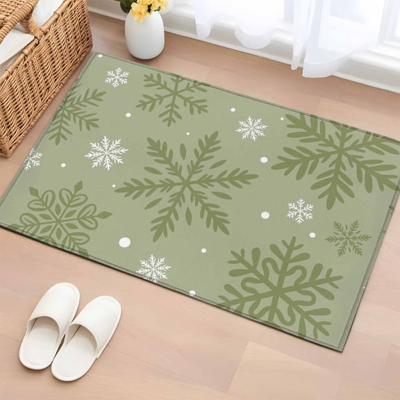 Sage Green Christmas Bathroom Rug Washable 2x3 Entryway Rug Non Slip Winter Xmas Snowflakes Textured Front Door Mat Low Pile Indoor Doormat Throw Floor Carpet for Kitchen Bedroom Entrance