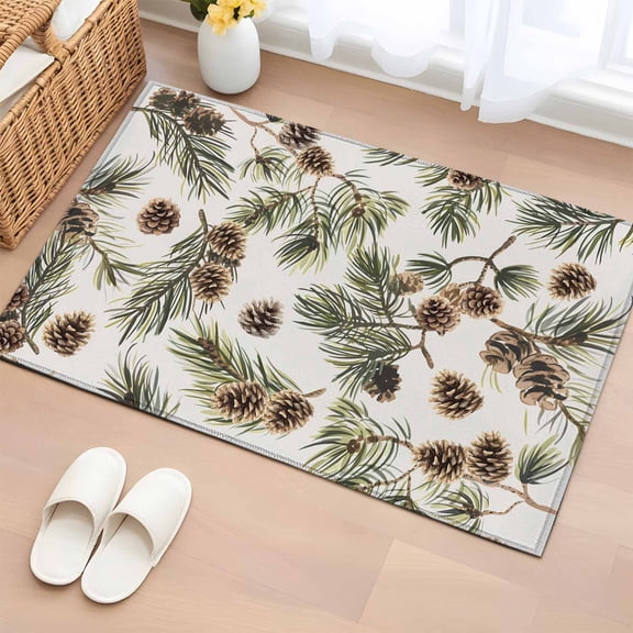Sage Green Christmas Bathroom Rug Washable 2x3 Entryway Rug Non Slip Xmas Botanical Pine Cones Front Door Mat Low Pile Indoor Doormat Throw Floor Carpet for Kitchen Bedroom Entrance