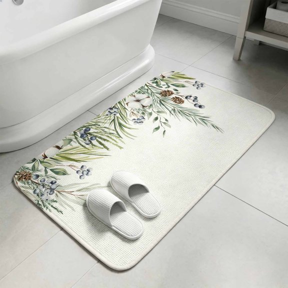 Sage Green Christmas Bathroom Rugs Non Slip Washable Bath Mat Absorbent Low Pile Front Door Mat Xmas Botanical Berry Winter Indoor Doormat for Kitchen Entryway Shower Decor Accessories 15.7"x23.6"