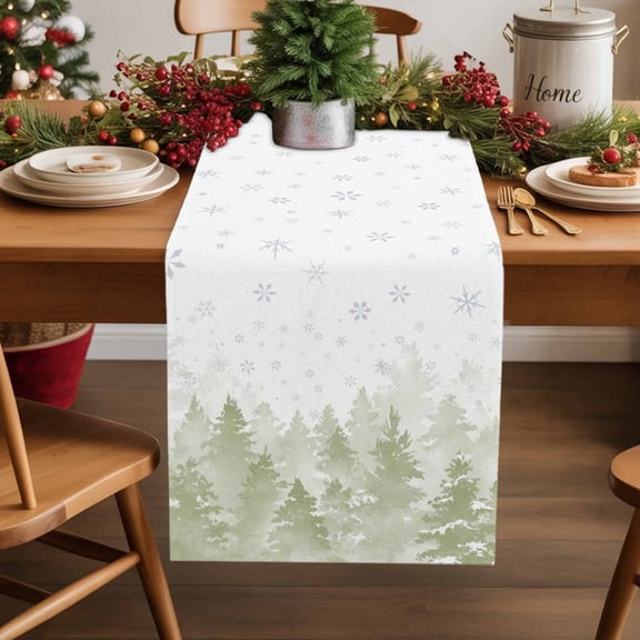 Sage Green Christmas Cotton Linen Long Table Runner 13 x 108 inch Winter Snowflake Abstract Forest Tree Non-slip Rectangular Dining Table Decor for Wedding Party Holiday Dinner