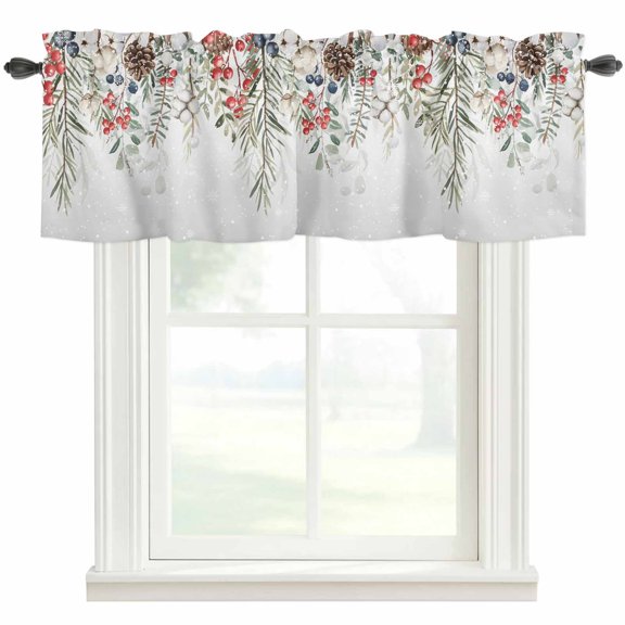 Sage Green Christmas Farmhouse Short Window Curtain Valances, Weeping Xmas Berry Floral Snowflake Rod Pocket Kitchen Valances for Living Room Bedroom Bathroom Cafe 42" x 18"