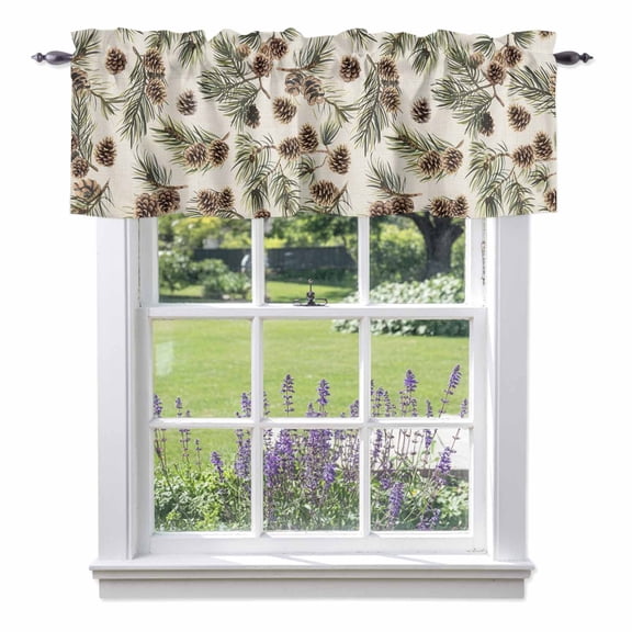 Sage Green Christmas Kitchen Curtain Valances for Windows Farmhouse Short Curtains, Rustic Pine Cones Xmas Botanical Rod Pocket Valance Curtain for Bedroom Cafe Living Room
