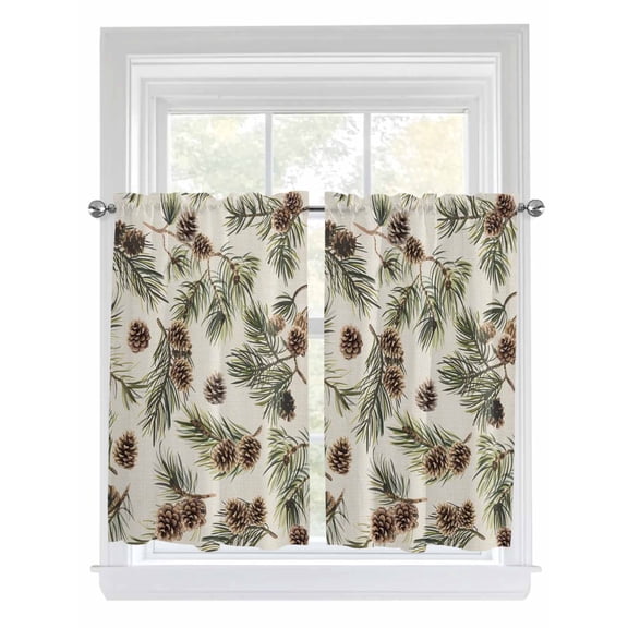 Sage Green Christmas Kitchen Curtains 45 Inch Length, Rustic Pine Cones Xmas Botanical Rod Pocket Light Filtering Window Curtains Living Room Bedroom Curtain Drapes Cafe Curtain 42''x45''x2