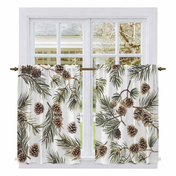 Sage Green Christmas Kitchen Curtains, Pine Cones Xmas Botanical Light Filtering Window Curtain Panels, 2Pcs Rod Pocket Window Treatments Set for Cabin Bathroom Bedroom 52x45 Inches