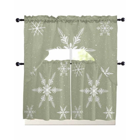 Sage Green Christmas Kitchen Curtains Set for Windows 3 Piece Cafe Curtains 24 Inch Length Swag Curtains Valances and Tier Set Xmas Snowflake Winter Drapes for Bedroom Bathroom Living Room