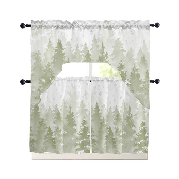 Sage Green Christmas Kitchen Curtains Set for Windows 3 Piece Cafe Curtains 36 Inch Length Swag Curtains Valances and Tier Set Winter Snowflake Abstract Forest Tree Drapes for Bedroom Bathroom