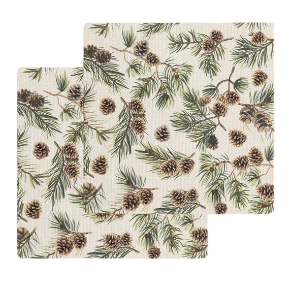 Sage Green Christmas Kitchen Dish Towels for Drying Dishes Set of 2, Rustic Pine Cones Xmas Botanical Waffle Weave Microfiber Hand Tea Bathroom Towels Quick Dry & Absorbent Towel 12x12