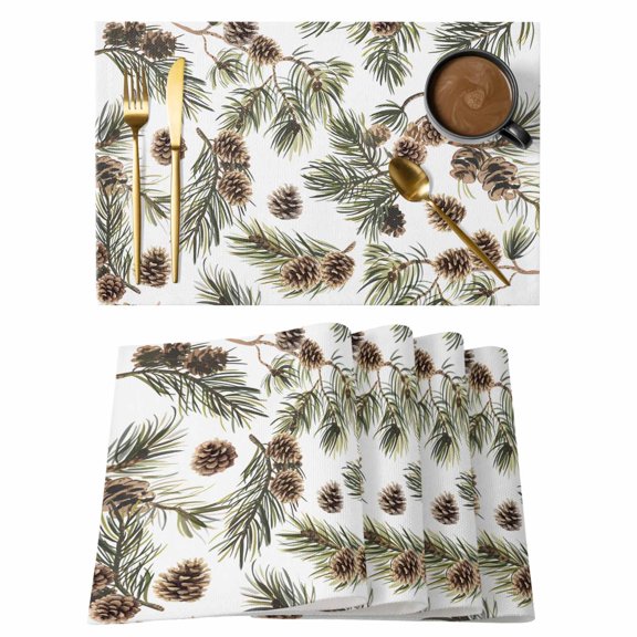 Sage Green Christmas Placemats Set of 2, Cotton Linen Fabric Place Mats, Pine Cones Xmas Botanical Washable Decorative Table Mats Protector for Home Kitchen Dining Wedding Party Coffee Tables