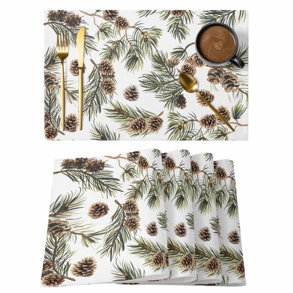 Sage Green Christmas Placemats Set of 6, Pine Cones Xmas Botanical Placemats for Dining Table, Place Mats for Kitchen Tabletop, Waterproof Wipeable Dining Table Mats Set