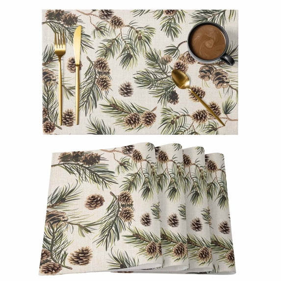 Sage Green Christmas Placemats Set of 8, Rustic Pine Cones Xmas Botanical Placemats for Dining Table, Place Mats for Kitchen Tabletop, Waterproof Wipeable Dining Table Mats Set