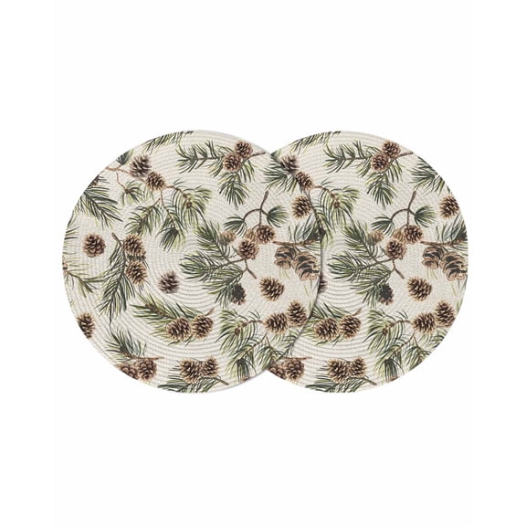 Sage Green Christmas Round 15 Inch Placemats Set of 2, Rustic Pine Cones Xmas Botanical HeatResistant Non Slip Place Mats for Dining Table, Wipeable Braided Kitchen Table Mats for Housewarming