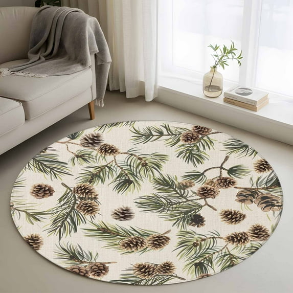 Sage Green Christmas Round Area Rug 4 FT, Non Slip Indoor Outdoor Rug, Rustic Pine Cones Xmas Botanical Washable Soft Circular Carpet Non-Shedding Floor Mat for Coffee Table Nursery Foyer Balcony