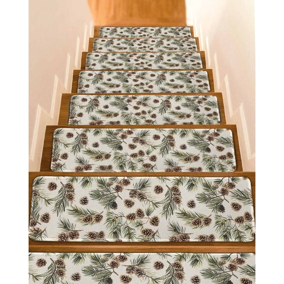 Sage Green Christmas Stair Treads for Wooden Steps Indoor Runner Rug Carpet, Rustic Pine Cones Xmas Botanical 7 Pieces Peel and Stick Staircase Step Treads Covers Washable Throw Door Mats, 30"x8"