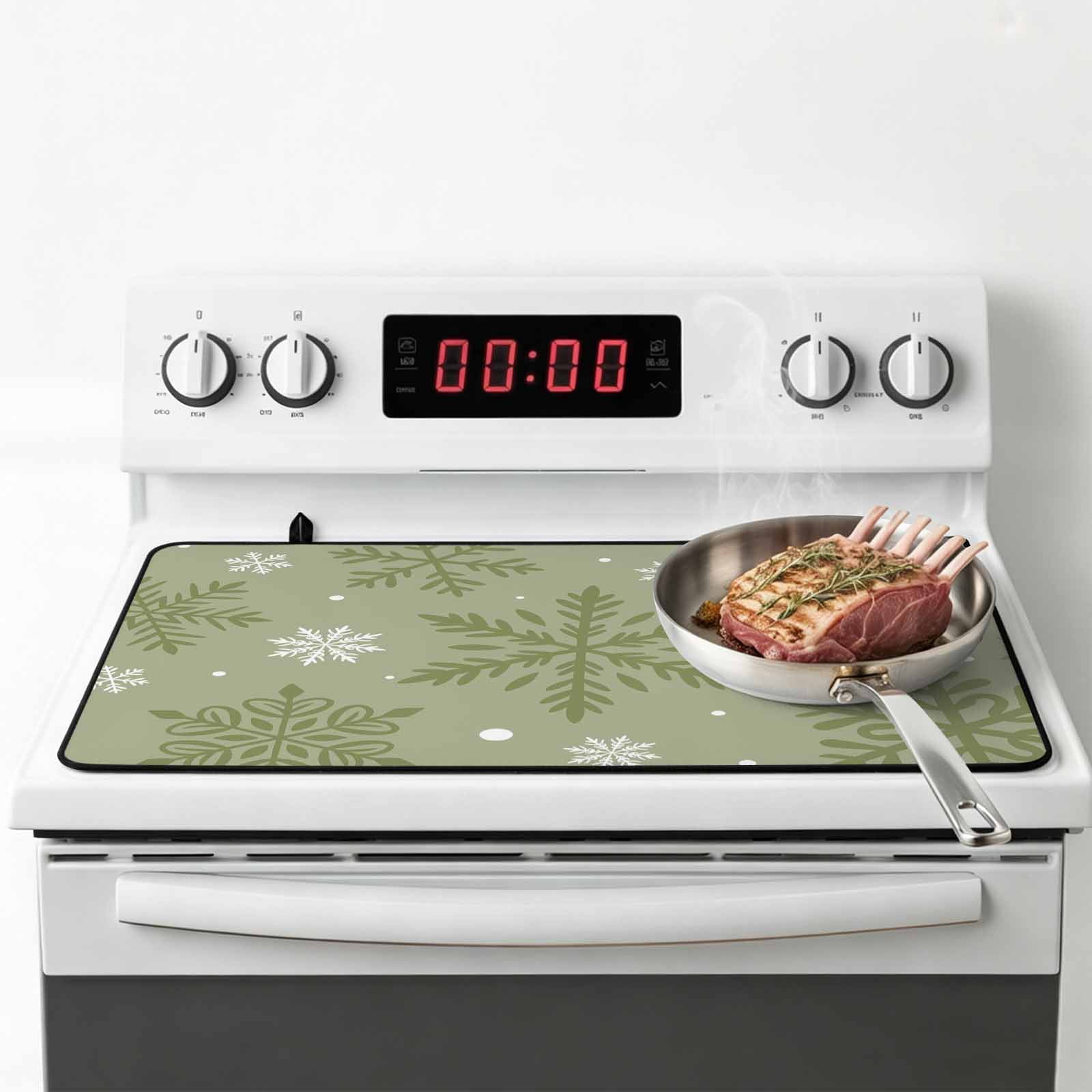 Sage Green Christmas Stove Top Cover for Electric Stove, Heat-proof & Non Slip Glass Top Stove Cover Protector, Winter Xmas Snowflakes Textured Kitchen Flat Cooktop Rubber Mat 24x21 Inches